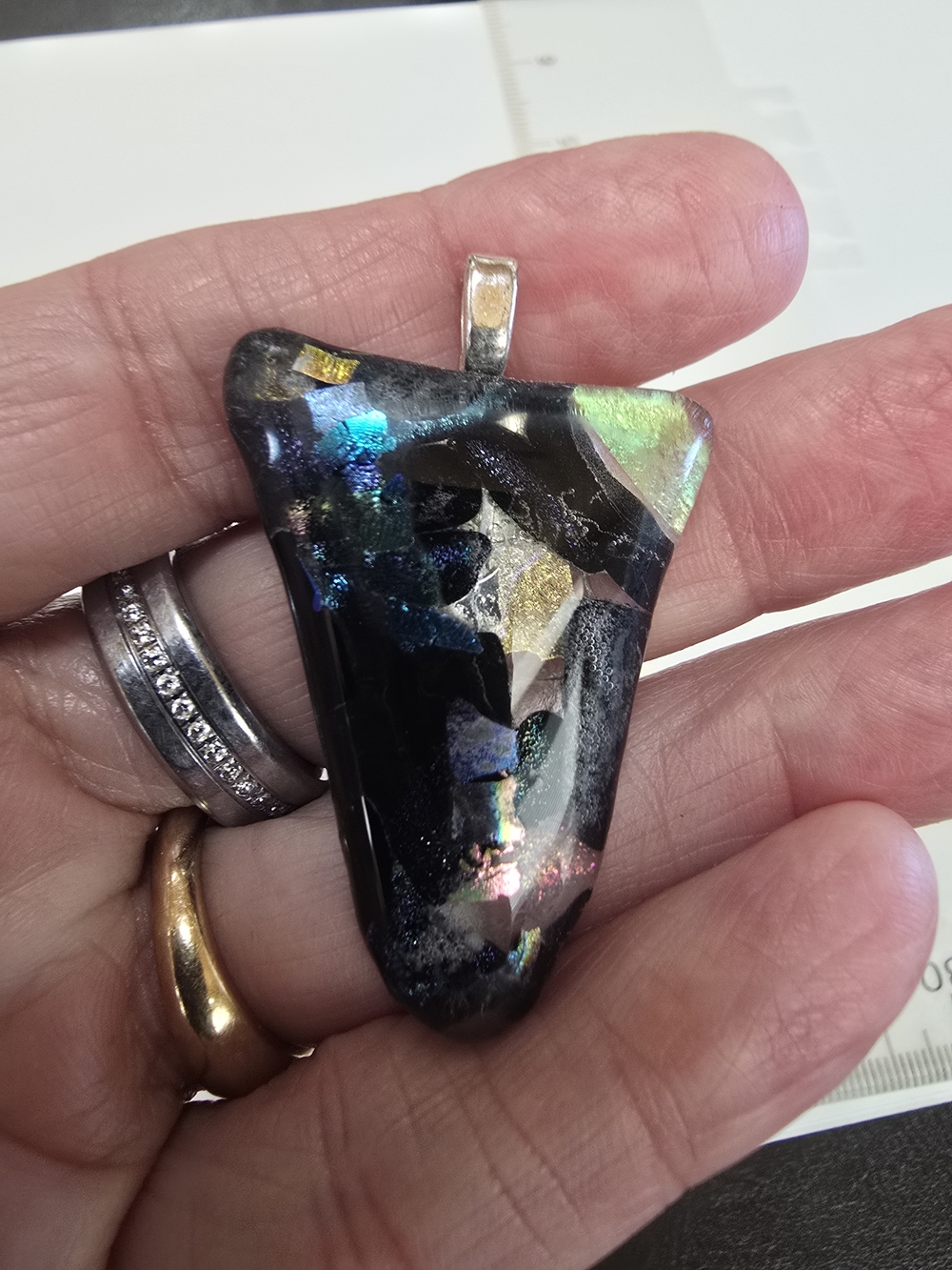 Handmade Black Dichroic Glass Pendant with Multicolor Iridescence